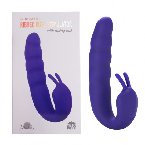 Фиолетовый вибратор Ribbed Dual Stimulator with Rolling Ball - 17 см.